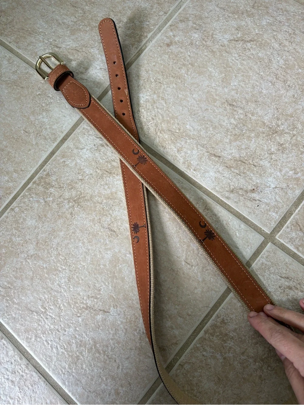 Zep-Pro canvas/leather belt w/an embroidered Palmetto tree and crescent moon 42